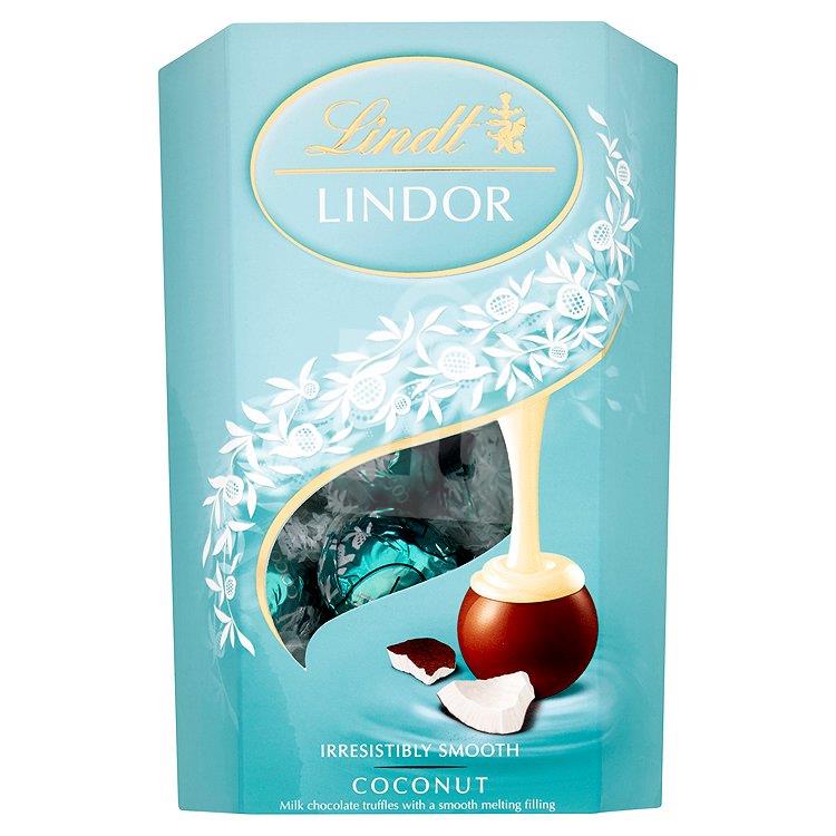 Dezert Lindor čokoládové bonbóny mliečna čokoláda s jemnou kokosovou náplňou 200g Lindt