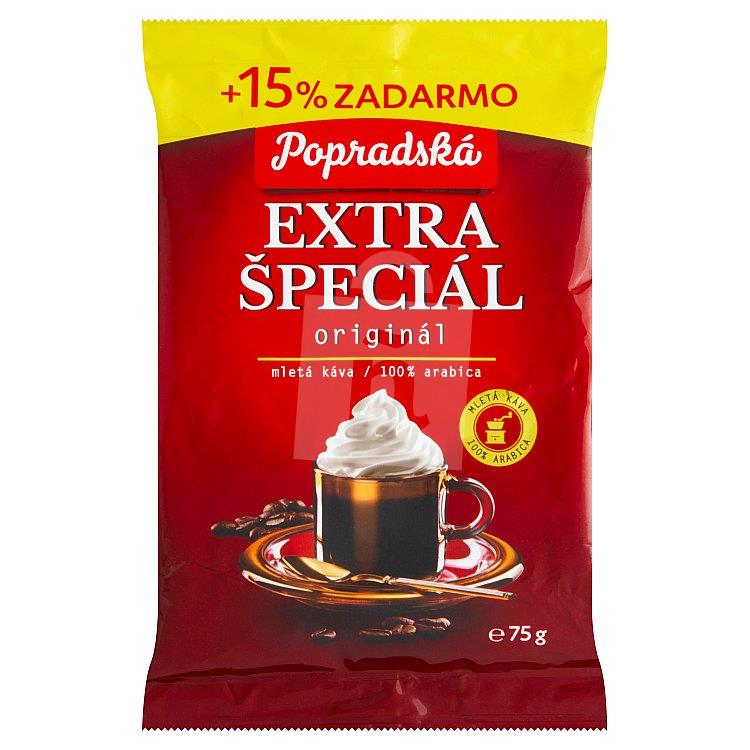 Káva pražená mletá Extra špeciál originál 75g+15% zadarmo Popradská