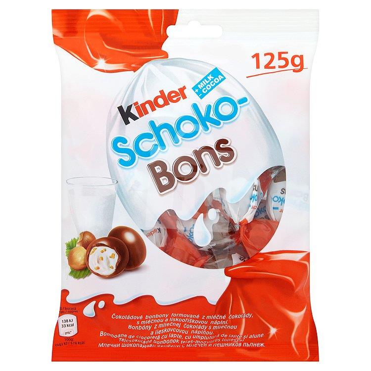Čokoládové cukríky Schoko Bons z mliečnej čokolády s mliečnou a lieskovo-orieškovou náplňou 125g Kinder
