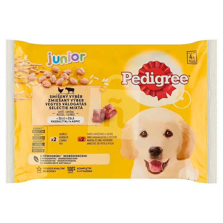 Kapsičky kompletné krmivo pre psov Vital protection Junior v želé kuracie a hovädzie mäso s ryžou 4x100g/400g Pedigree