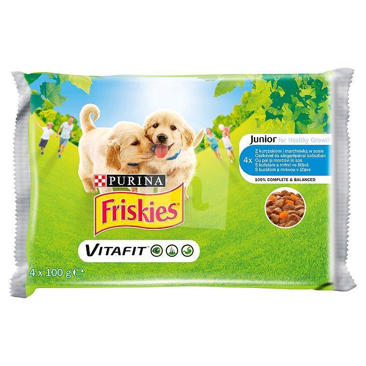 Kapsičky kompletné krmivo pre psov Friskies VitaFit Junior s kuraťom a mrkvou v šťave 4x100g/400g Purina