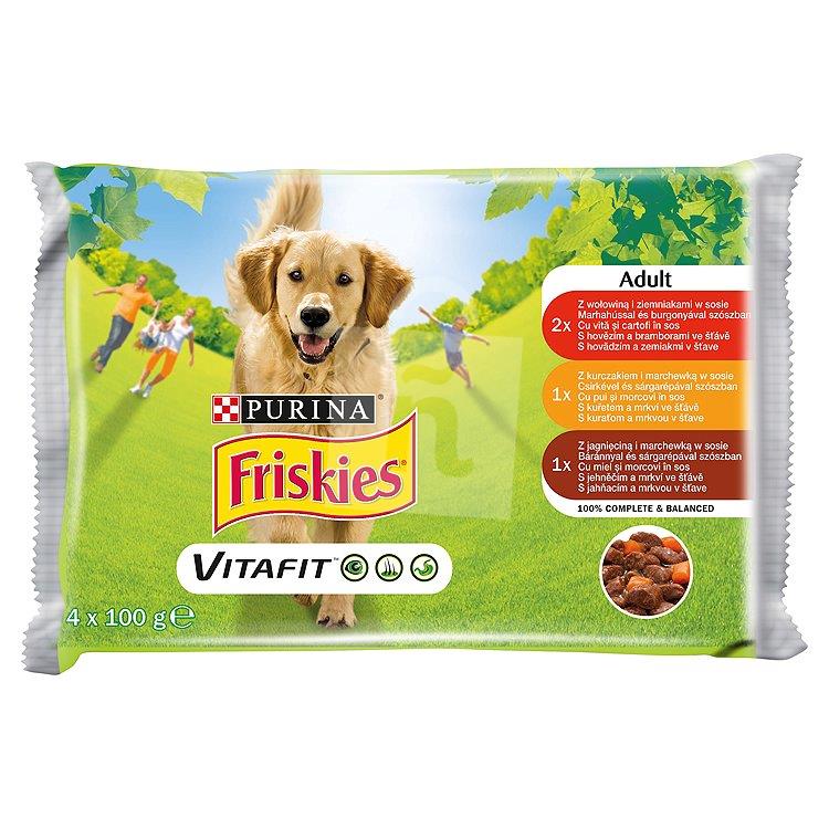Kapsičky kompletné krmivo pre psov Friskies Vitafit Adult s hovädzím, kuracím a jahňacím v šťave 4x100g/400g Purina