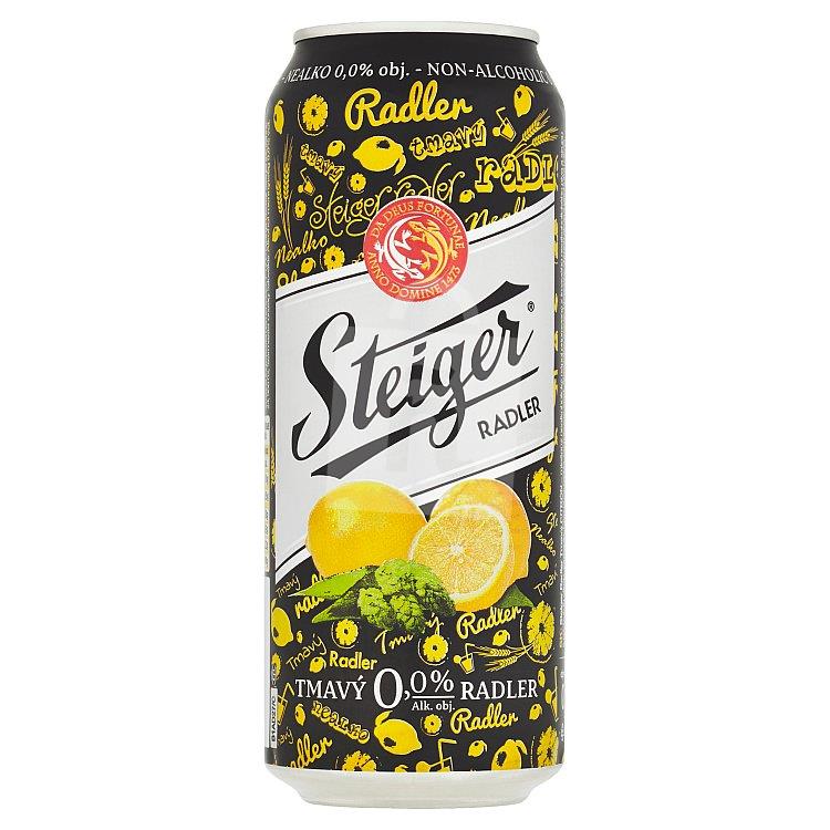 Miešaný nealkoholický nápoj z piva Radler citrón tmavý nealko 0,0% 500ml plech Steiger