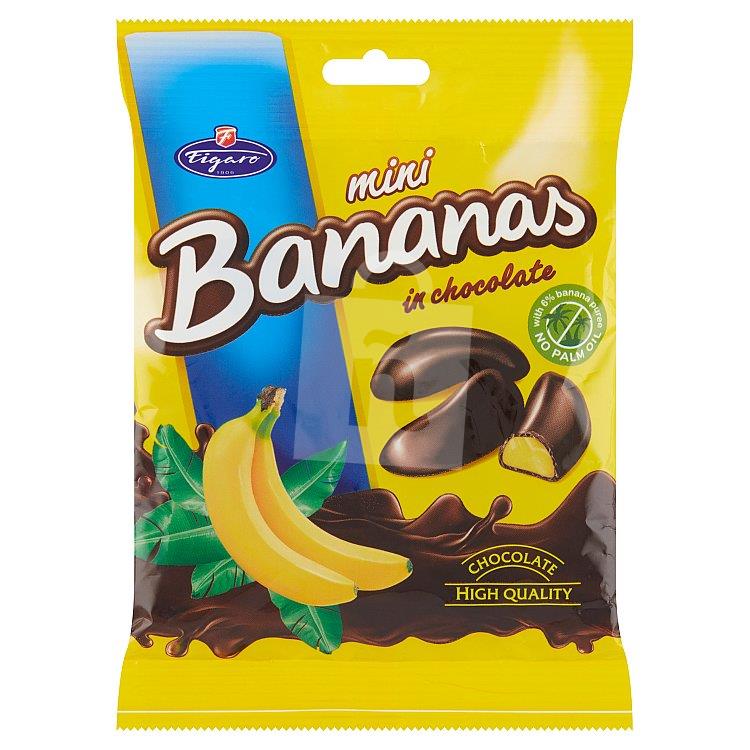 Cukrovinka Banány v čokoláde mini , penová cukrovinka s banánovou príchuťou celomáčaná v horkej čokoláde75g F Figaro