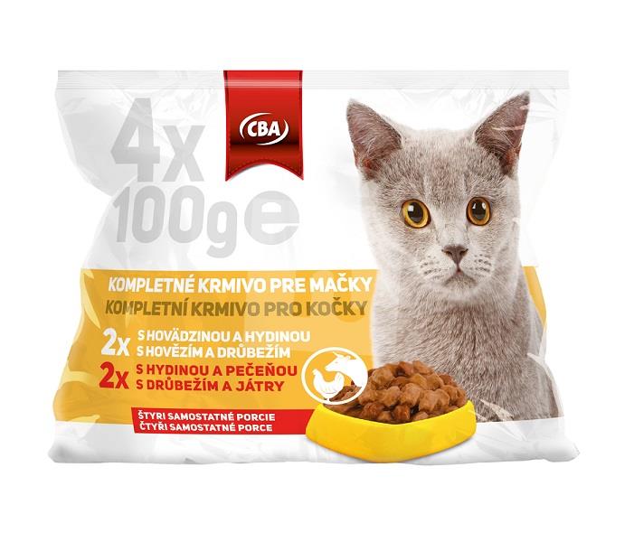 Kapsičky kompletné krmivo pre mačky 2x s hovädzinou a hydinou v omáčke, 2x s hydinou a pečeňou v omáčke 4x100g / 400g CBA 