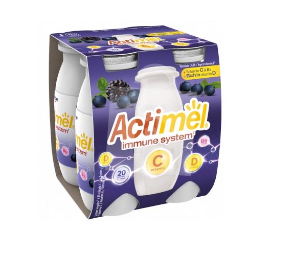 Jogurtové mlieko Actimel s vitamínmi B6 a D - čučoriedka - černica vitamín C 4x100g / 400g Danone