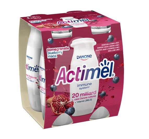 Jogurtové mlieko Actimel s vitamínmi B6 a D - čučoriedka, granátové jablko a maca 4x100g / 400g Danone
