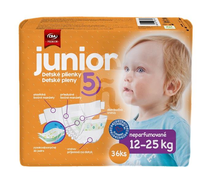 Detské jednorázové plienky neparfumované 5 junior 12-25kg 36ks CBA Premium