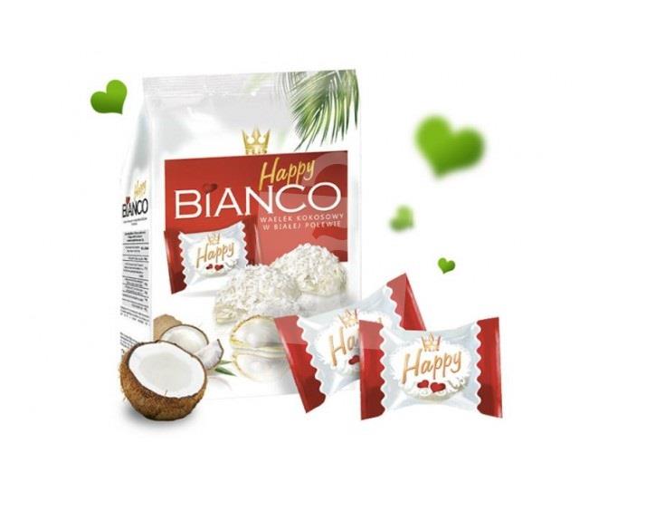 Oblátky pralinky Bianco red kokosová naplň v bielom povlaku posypané kokosovými hoblinami 140g Happy