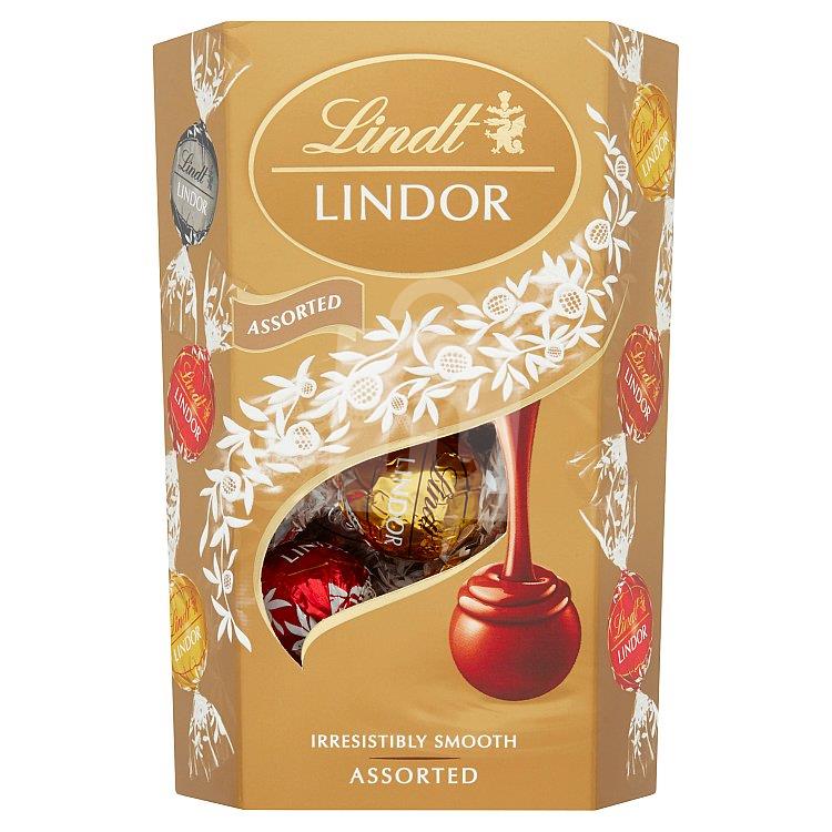 Dezert Lindor zmes čokoládových bonbónov s jemnou krémovou náplňou zmes mliečnej, bielej a horkej čokolády Assorted 200g Lindt