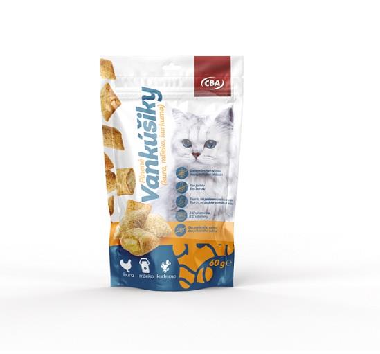Doplnkové krmivo pre mačky vankúšiky plnené kura-mlieko-kurkuma 60g CBA 