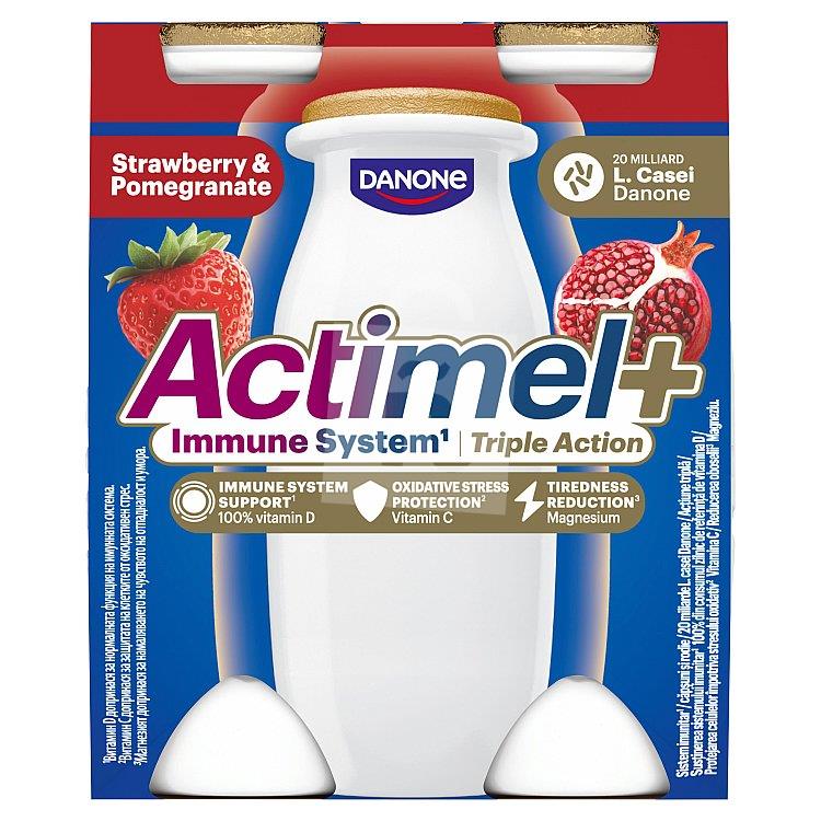 Jogurtové mlieko Actimel Triple Action s vitamínmi C, B6 a D - jahoda - granátové jablko 4x100g / 400g Danone