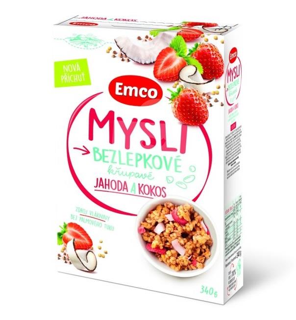 Cereálie chrumkavé Mysli jahoda a kokos bezlepkové 340g Emco