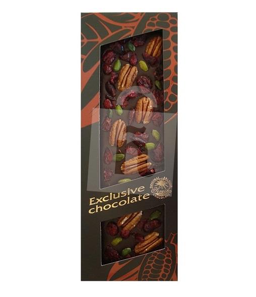 Čokoláda Exclusive mliečna s pekanovými orechmi, pistáciami a brusnicami 130g Severka