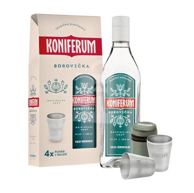Borovička Koniferum originál 37,5% 0,5l + 4 poháre darčekové balenie Old Herold
